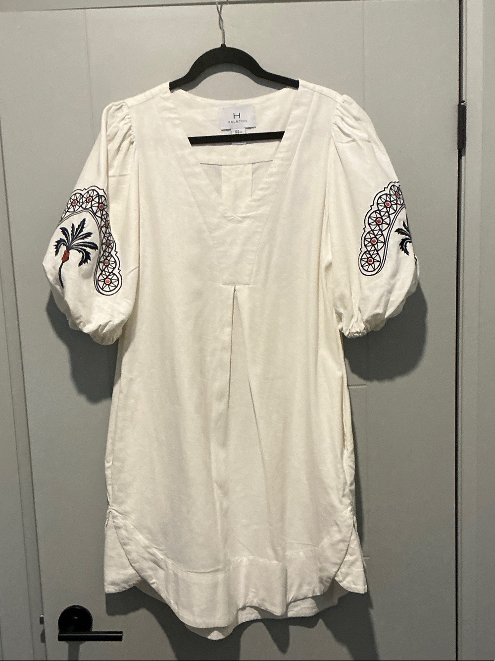 Halston Heritage White Embroidered Puff-Sleeve Dress XL